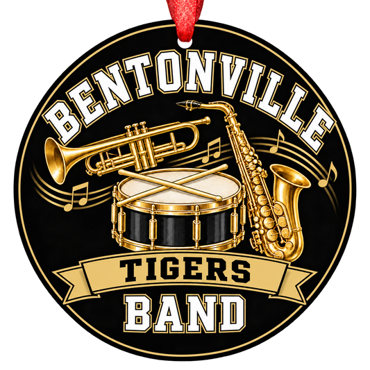 Bentonville Tigers Band Christmas ornament with band-inspired musical artwork, black and gold school colors, and red ribbon.