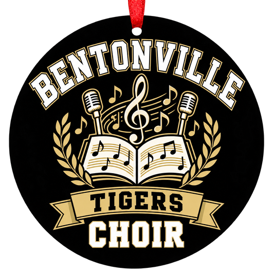Bentonville Tigers Choir Christmas ornament with choir-inspired musical artwork, black and gold school colors, and red ribbon.