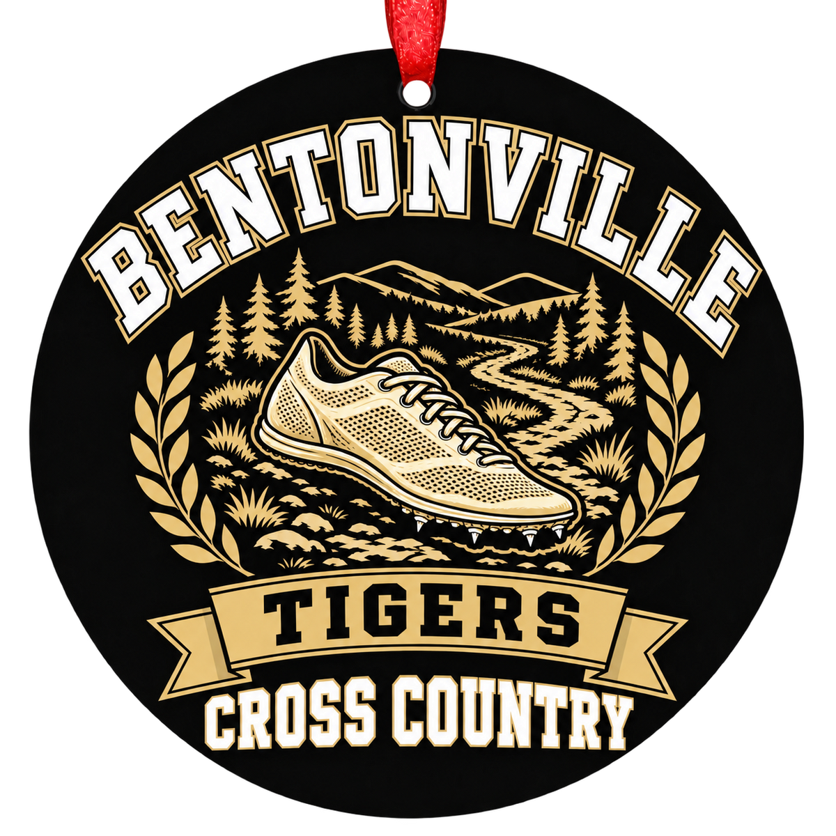Bentonville Tigers Cross Country Christmas ornament with running-inspired varsity artwork, black and gold school colors, and red ribbon.