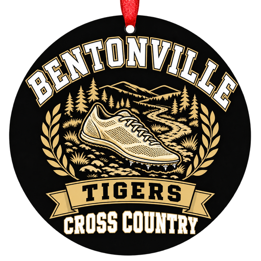 Bentonville Tigers Cross Country Christmas ornament with running-inspired varsity artwork, black and gold school colors, and red ribbon.