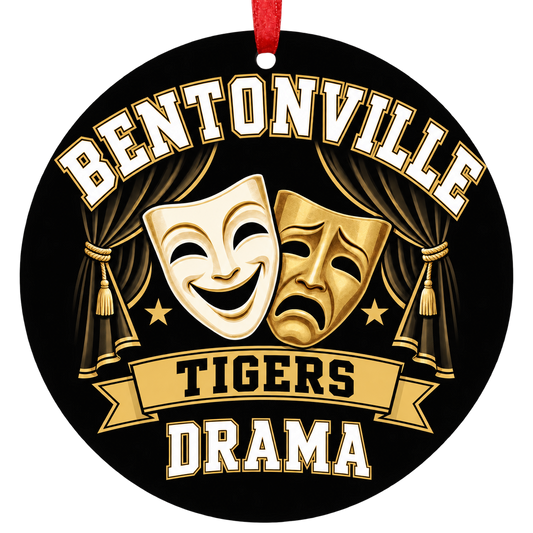Bentonville Tigers Drama Christmas ornament with theater-inspired artwork, black and gold school colors, and red ribbon.