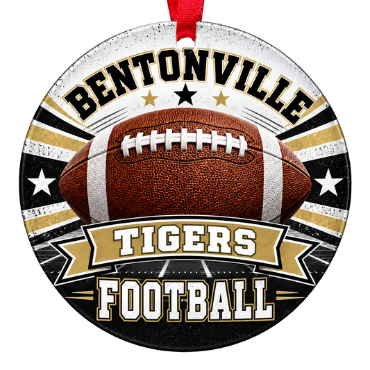 Bentonville Tigers football Christmas ornament in black, Vegas gold and white