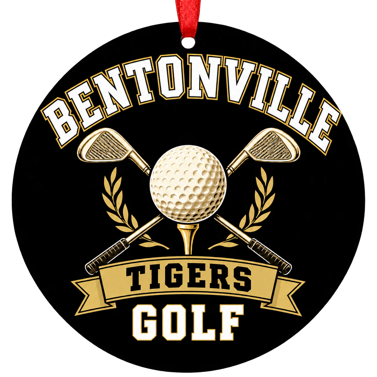 Bentonville Tigers Golf Christmas ornament with golf ball and crossed clubs artwork, black and gold school colors, and red ribbon.