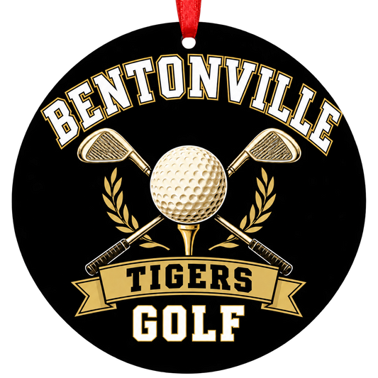 Bentonville Tigers Golf Christmas ornament with golf ball and crossed clubs artwork, black and gold school colors, and red ribbon.