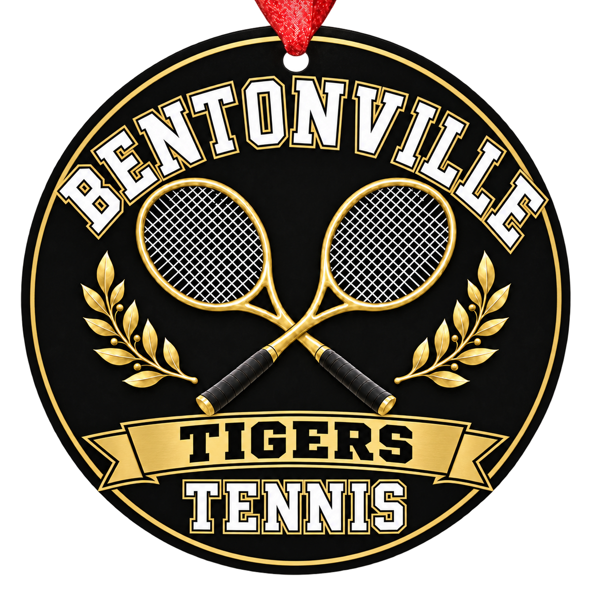 Bentonville Tigers Tennis Christmas ornament with tennis-inspired varsity artwork, black and gold school colors, and red ribbon.