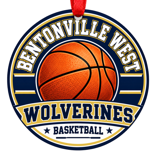 Bentonville West Wolverines Basketball ornament, varsity basketball artwork, navy and gold, red hanging ribbon.