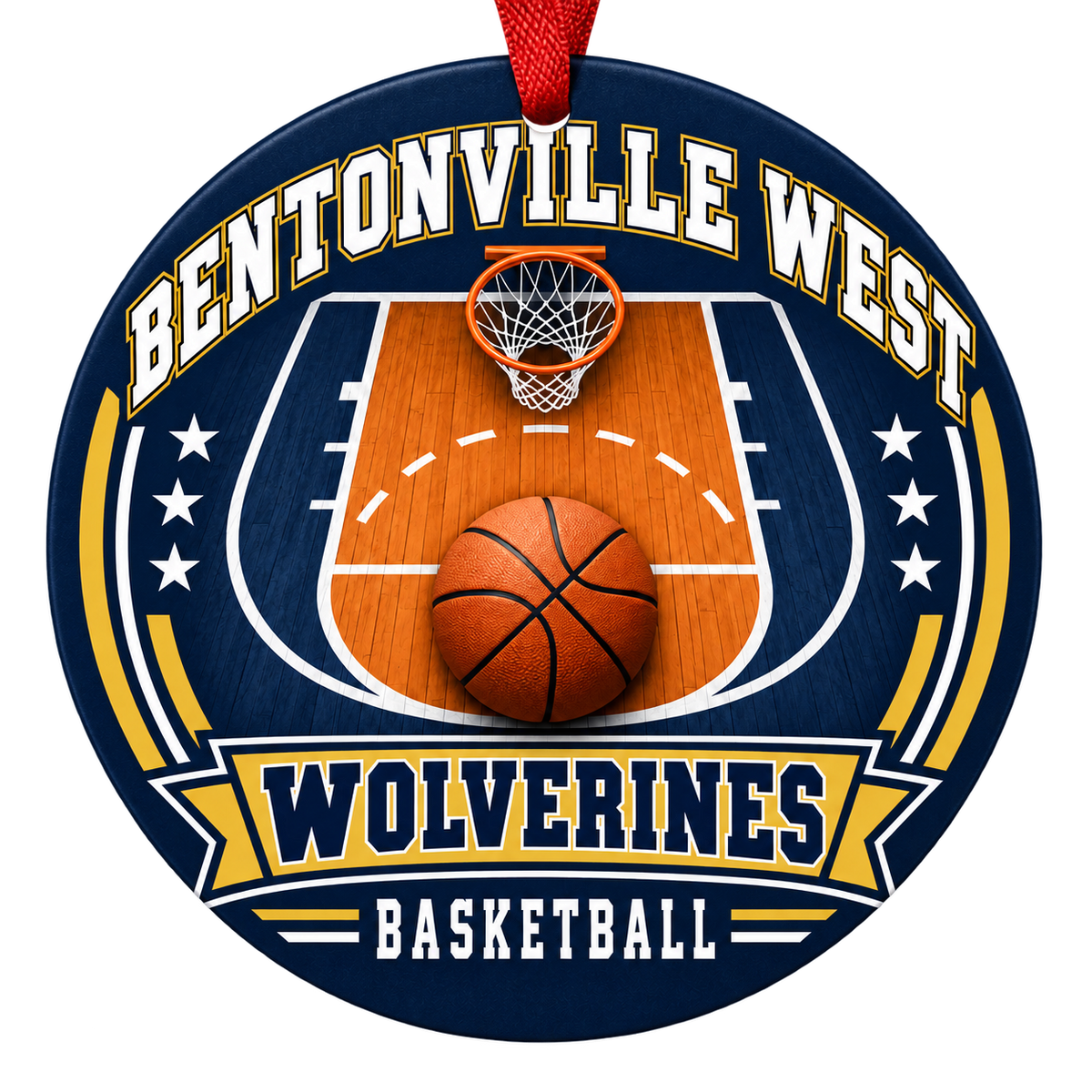 Bentonville West Wolverines Basketball ornament, basketball court, hoop and ball artwork, navy and gold, red hanging ribbon.