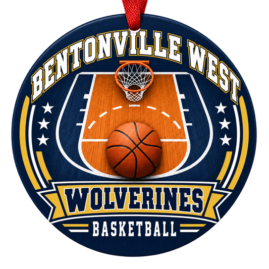 Bentonville West Wolverines Basketball ornament, basketball court, hoop and ball artwork, navy and gold, red hanging ribbon.