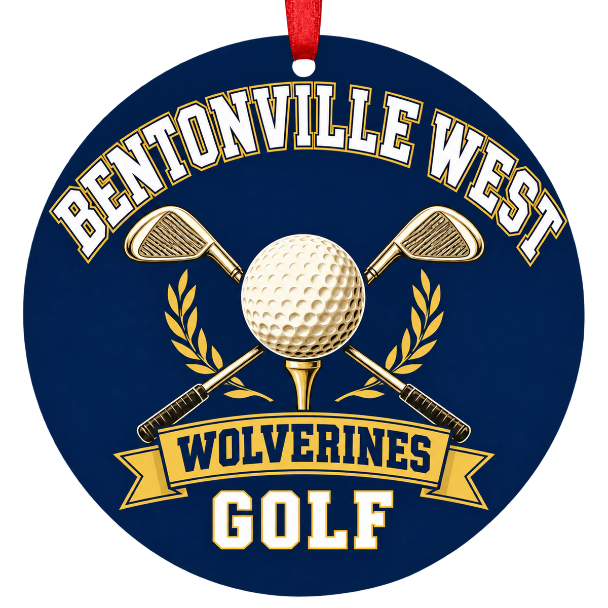 Bentonville West Wolverines Golf ornament, golf ball and crossed clubs, navy and gold, red hanging ribbon.