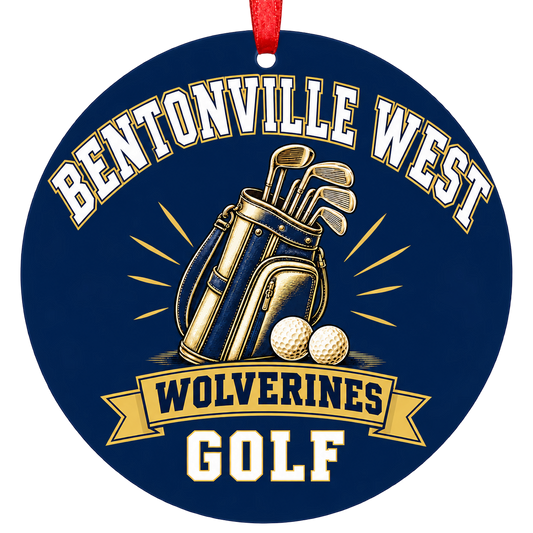 Bentonville West Wolverines Golf ornament, golf bag, clubs and balls, navy and gold, red hanging ribbon.