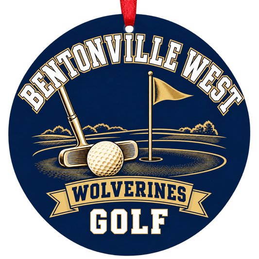 Bentonville West Wolverines Golf ornament, putter, golf ball and putting green, navy and gold, red hanging ribbon.