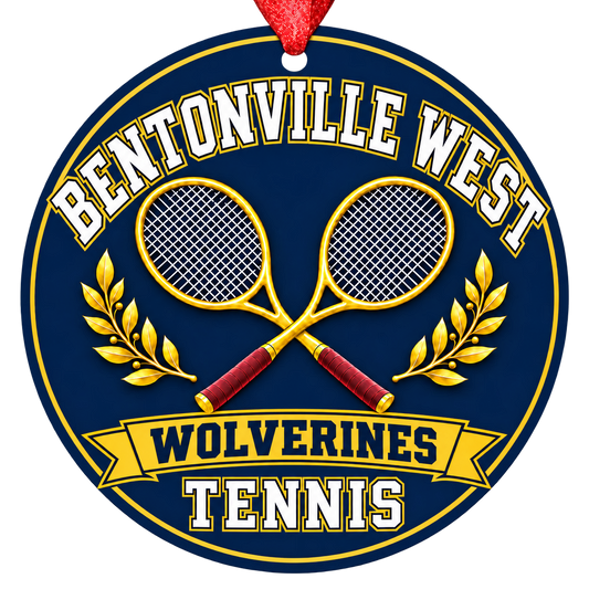 Bentonville West Wolverines Tennis ornament, crossed tennis rackets and laurel details, navy and gold, red hanging ribbon.