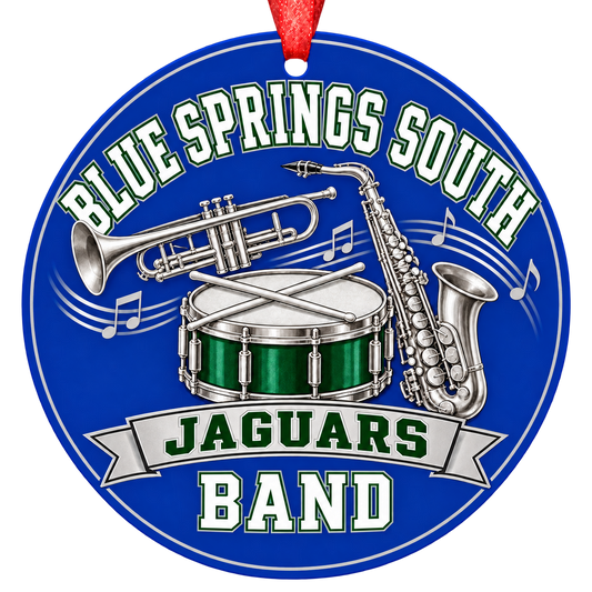 Blue Springs South Jaguars band Christmas ornament in blue, green, and silver