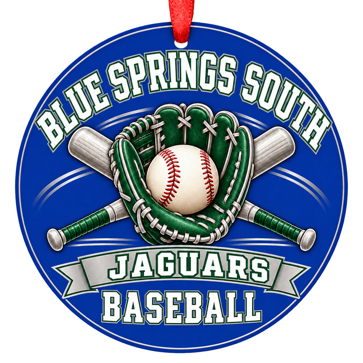 Blue Springs South Jaguars baseball Christmas ornament in blue, green, and silver