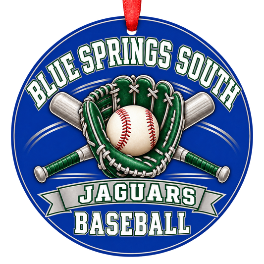 Blue Springs South Jaguars baseball Christmas ornament in blue, green, and silver