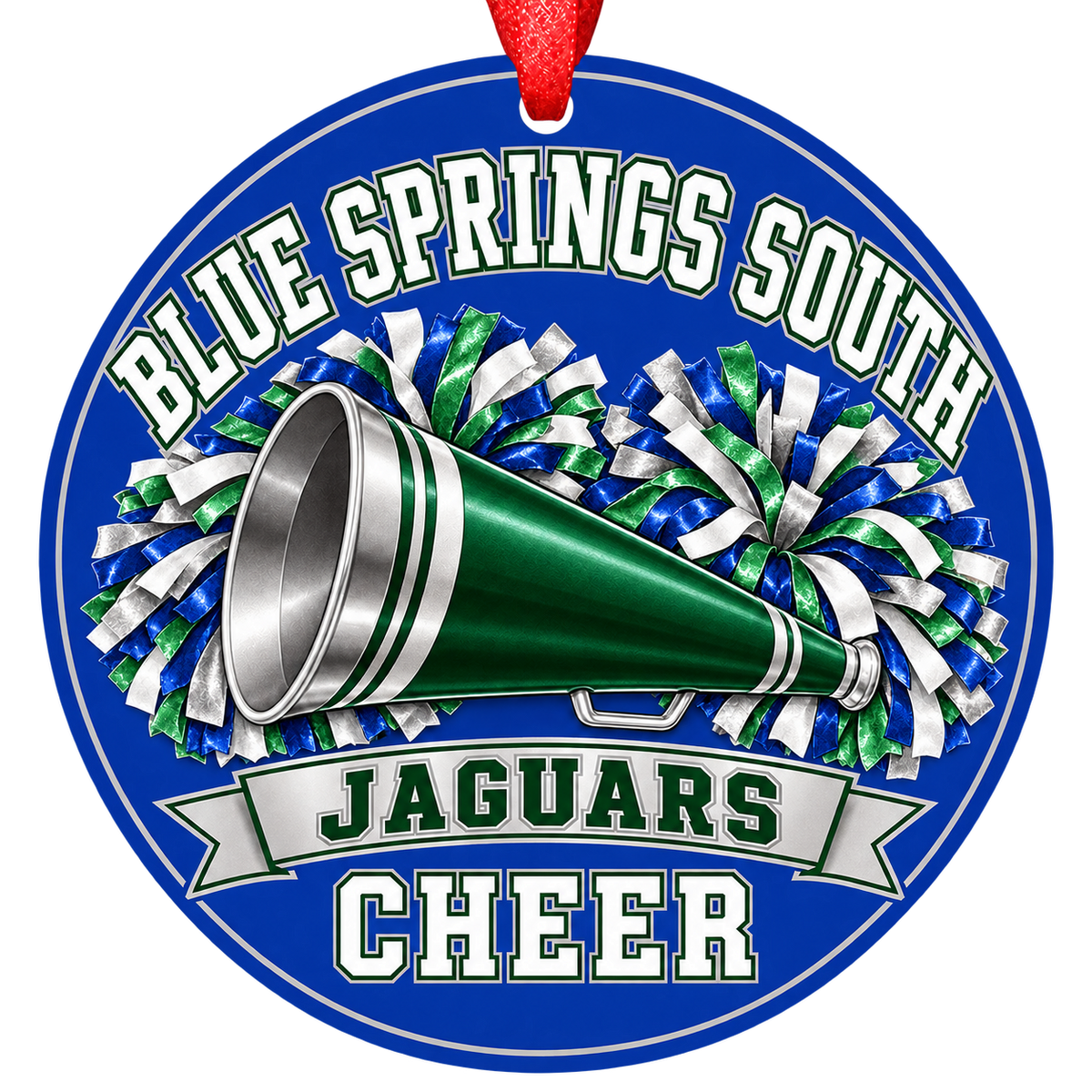 Blue Springs South Jaguars cheer Christmas ornament in blue, green, and silver