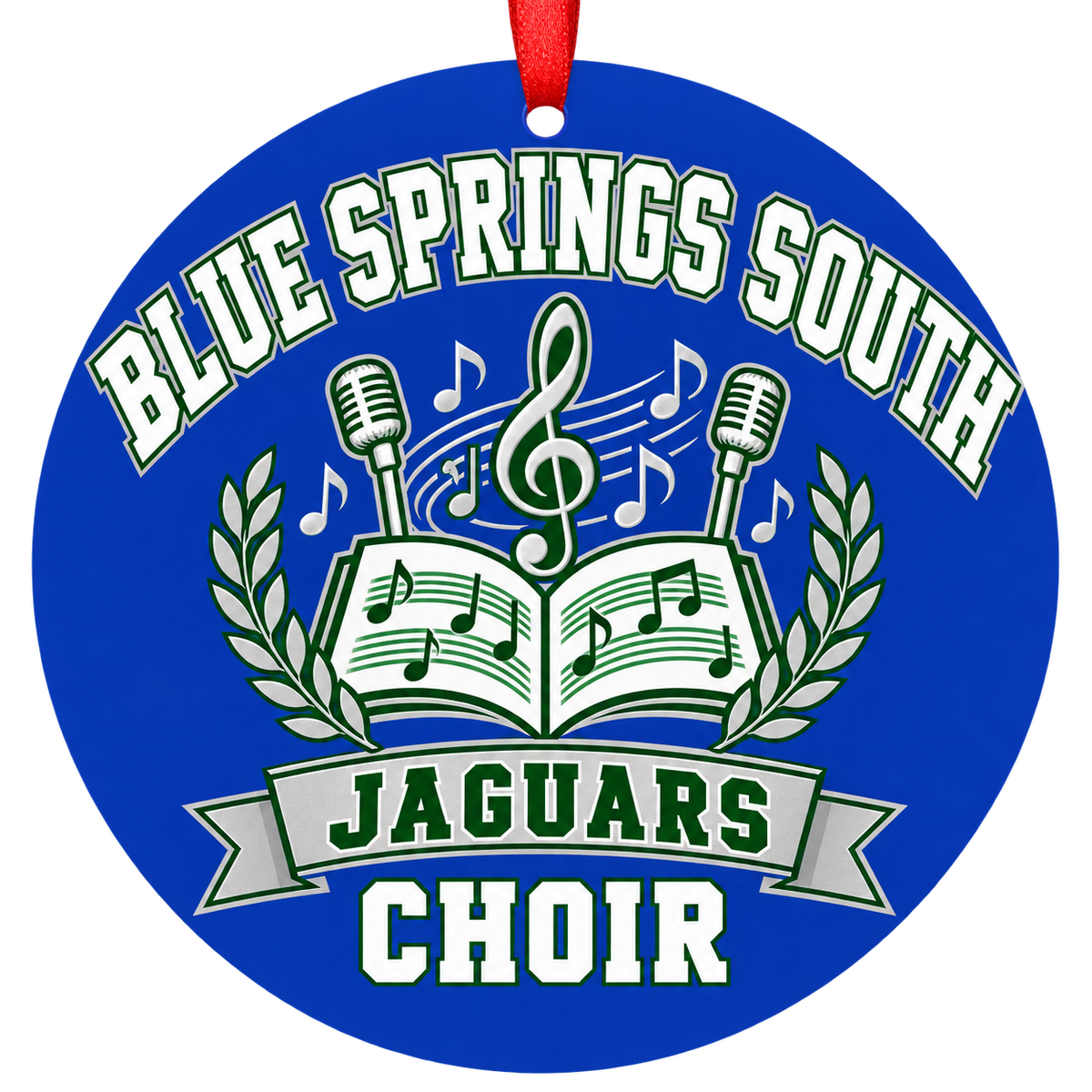 Blue Springs South Jaguars choir Christmas ornament in blue, green, and silver