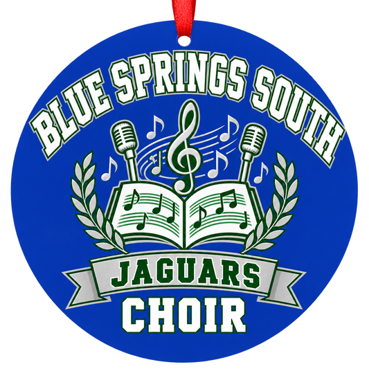 Blue Springs South Jaguars choir Christmas ornament in blue, green, and silver