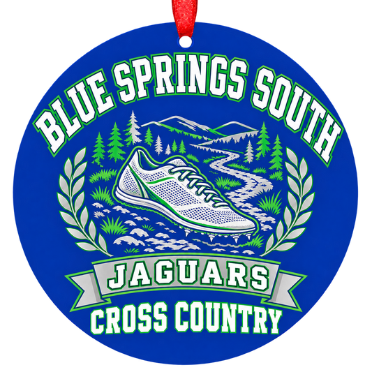 Blue Springs South Jaguars cross country Christmas ornament in blue, green, and silver