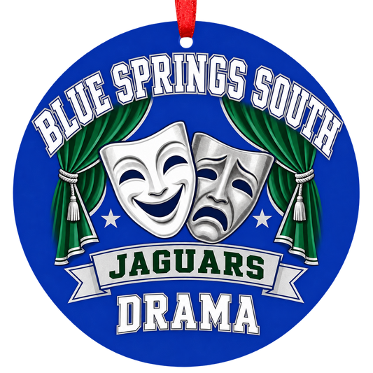 Blue Springs South Jaguars drama Christmas ornament in blue, green, and silver
