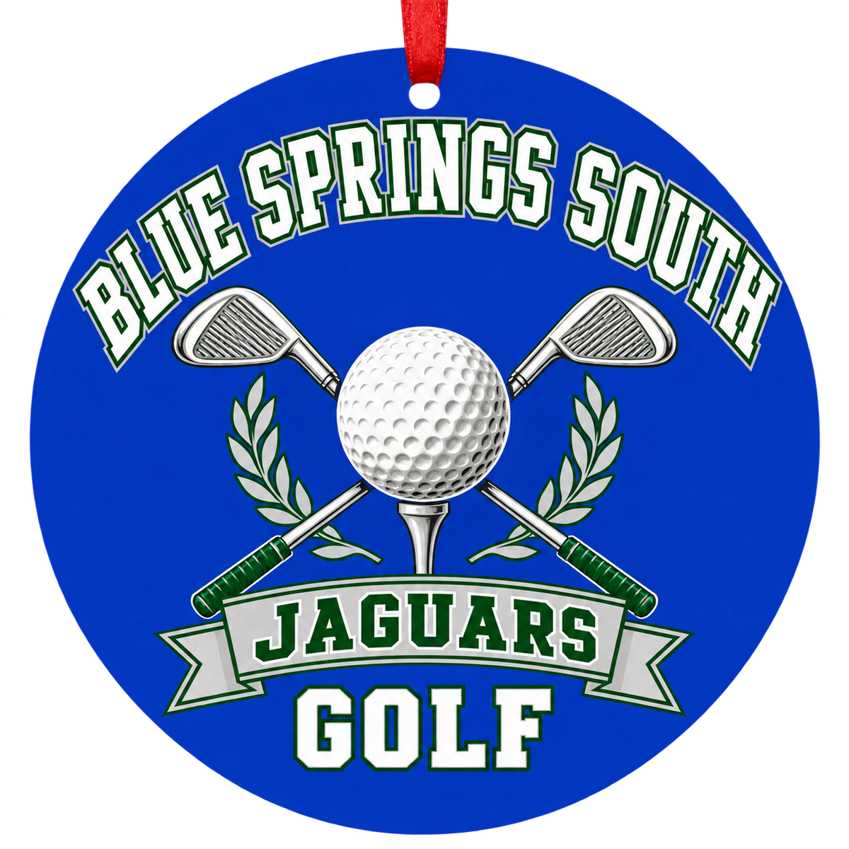 Blue Springs South Jaguars golf Christmas ornament in blue, green, and silver
