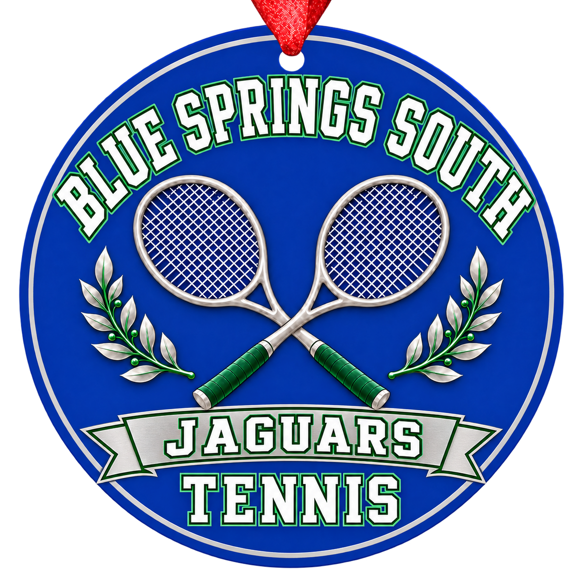 Blue Springs South Jaguars tennis Christmas ornament in blue, green, and silver