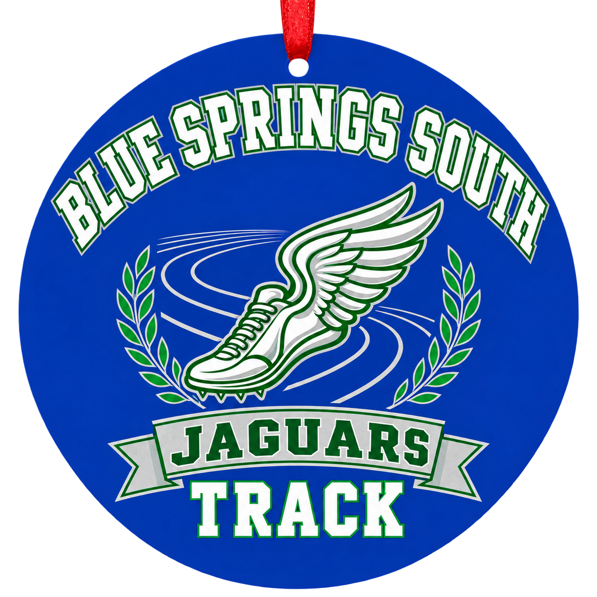 Blue Springs South Jaguars track Christmas ornament with winged running shoe