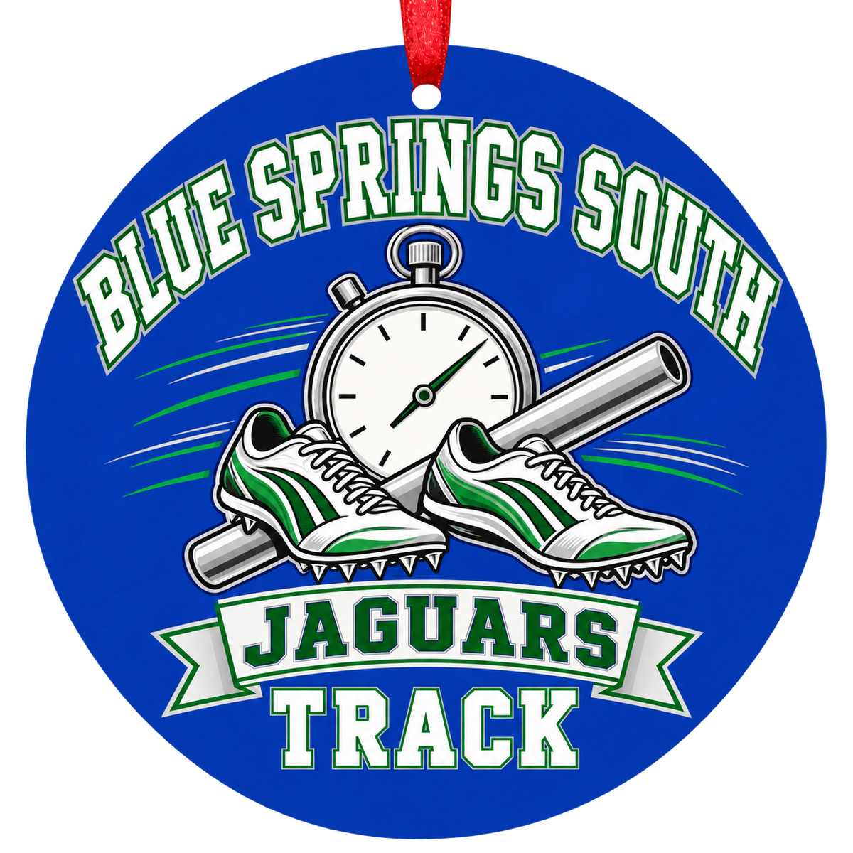 Blue Springs South Jaguars Track ornament — Stopwatch and Spikes