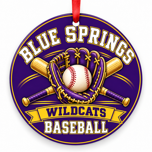 Blue Springs Wildcats baseball Christmas ornament, Design 1, purple and gold with red ribbon