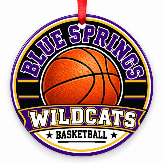 Blue Springs Wildcats basketball Christmas ornament, Design 1, purple and gold with red ribbon