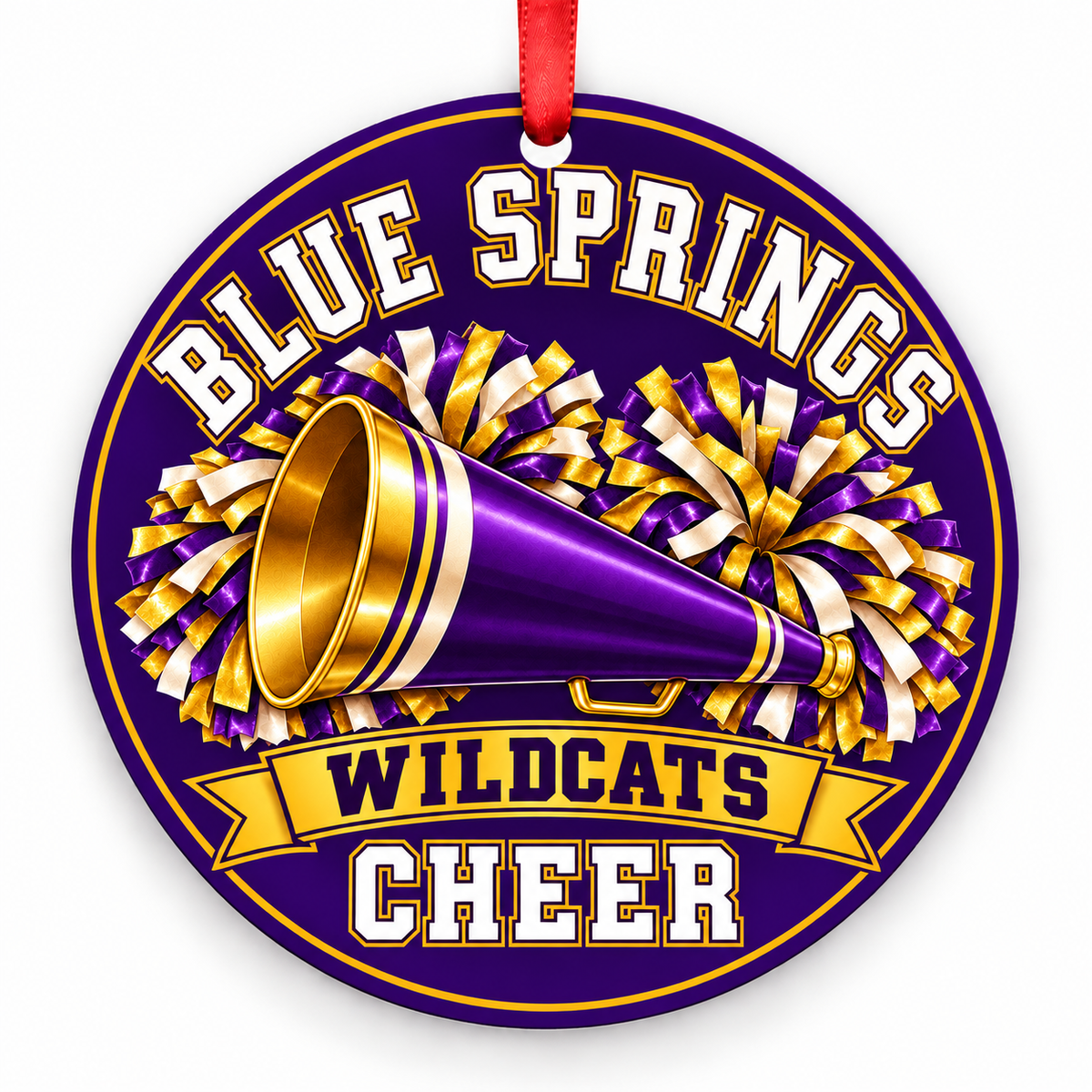Blue Springs Wildcats cheer Christmas ornament, Design 1, purple and gold with red ribbon