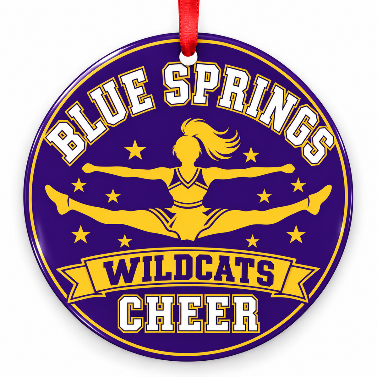 Blue Springs Wildcats cheer Christmas ornament, Design 2, purple and gold with red ribbon