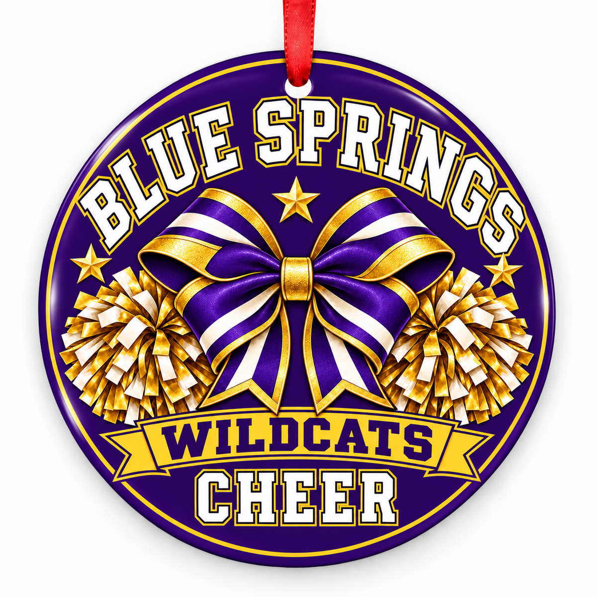 Blue Springs Wildcats cheer Christmas ornament, Design 3, purple and gold with red ribbon