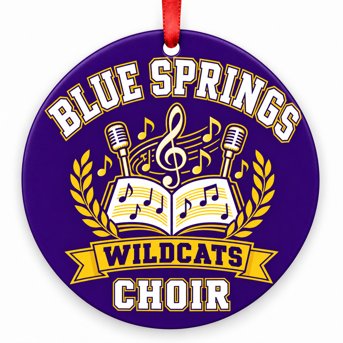 Blue Springs Wildcats choir Christmas ornament, Microphones and Music, purple and gold with red ribbon