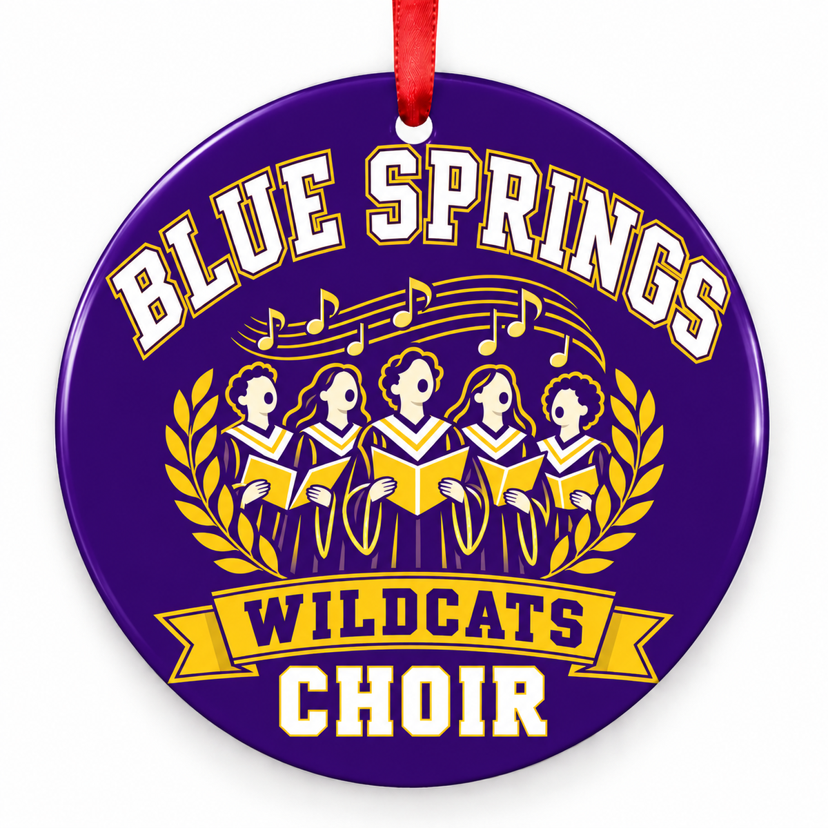 Blue Springs Wildcats choir Christmas ornament, Choir Singers, purple and gold with red ribbon