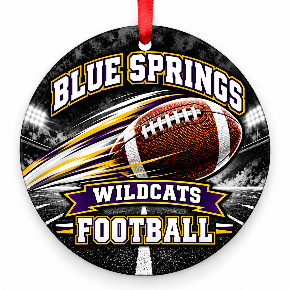 Blue Springs Wildcats football Christmas ornament in purple and gold with red ribbon