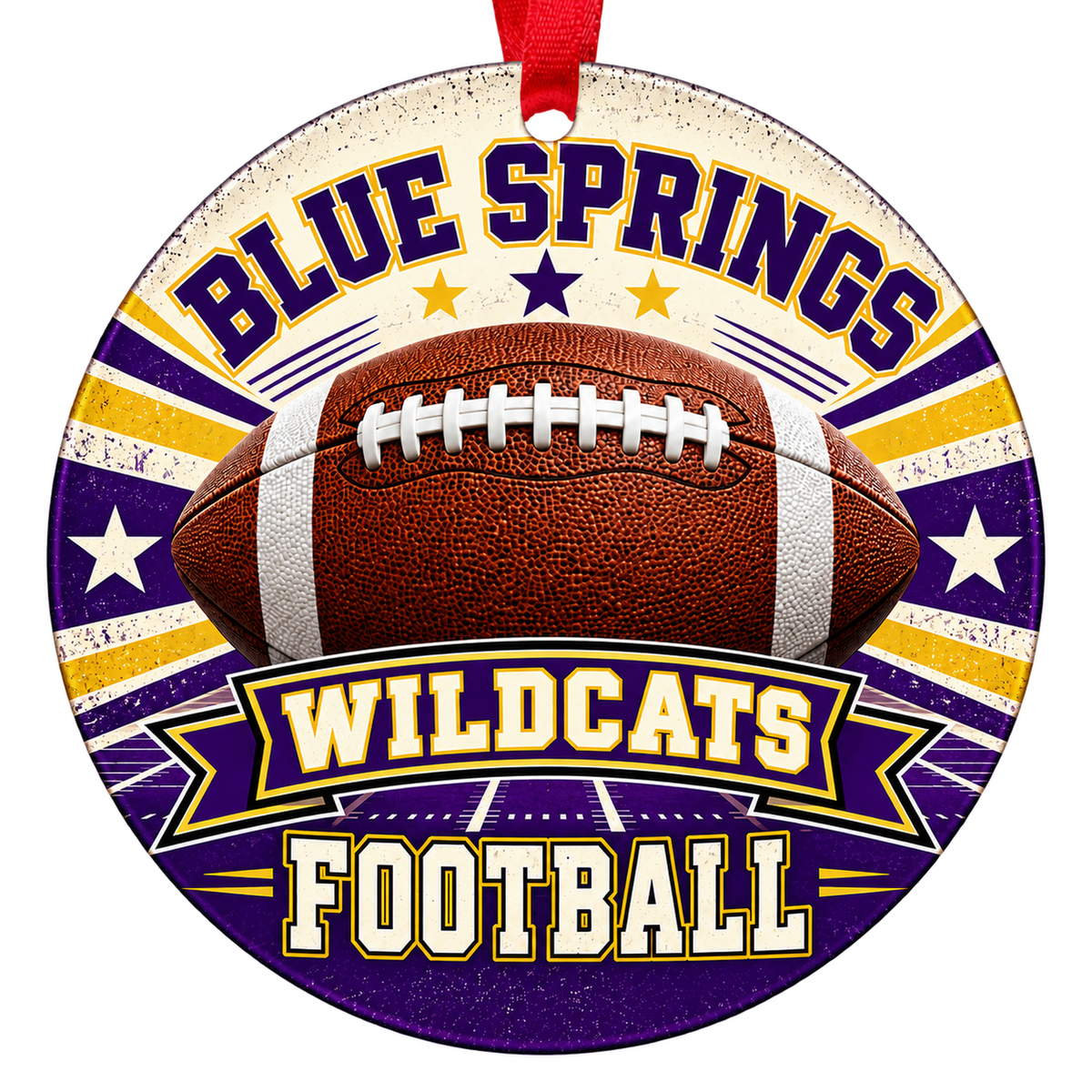 Blue Springs Wildcats classic football Christmas ornament in purple and gold with red ribbon