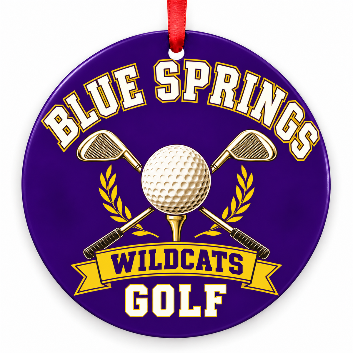 Blue Springs Wildcats golf Christmas ornament, Crossed Clubs, purple and gold with red ribbon