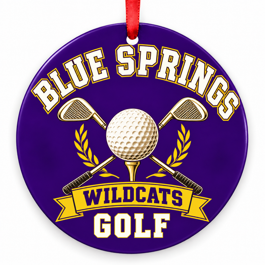 Blue Springs Wildcats golf Christmas ornament, Crossed Clubs, purple and gold with red ribbon