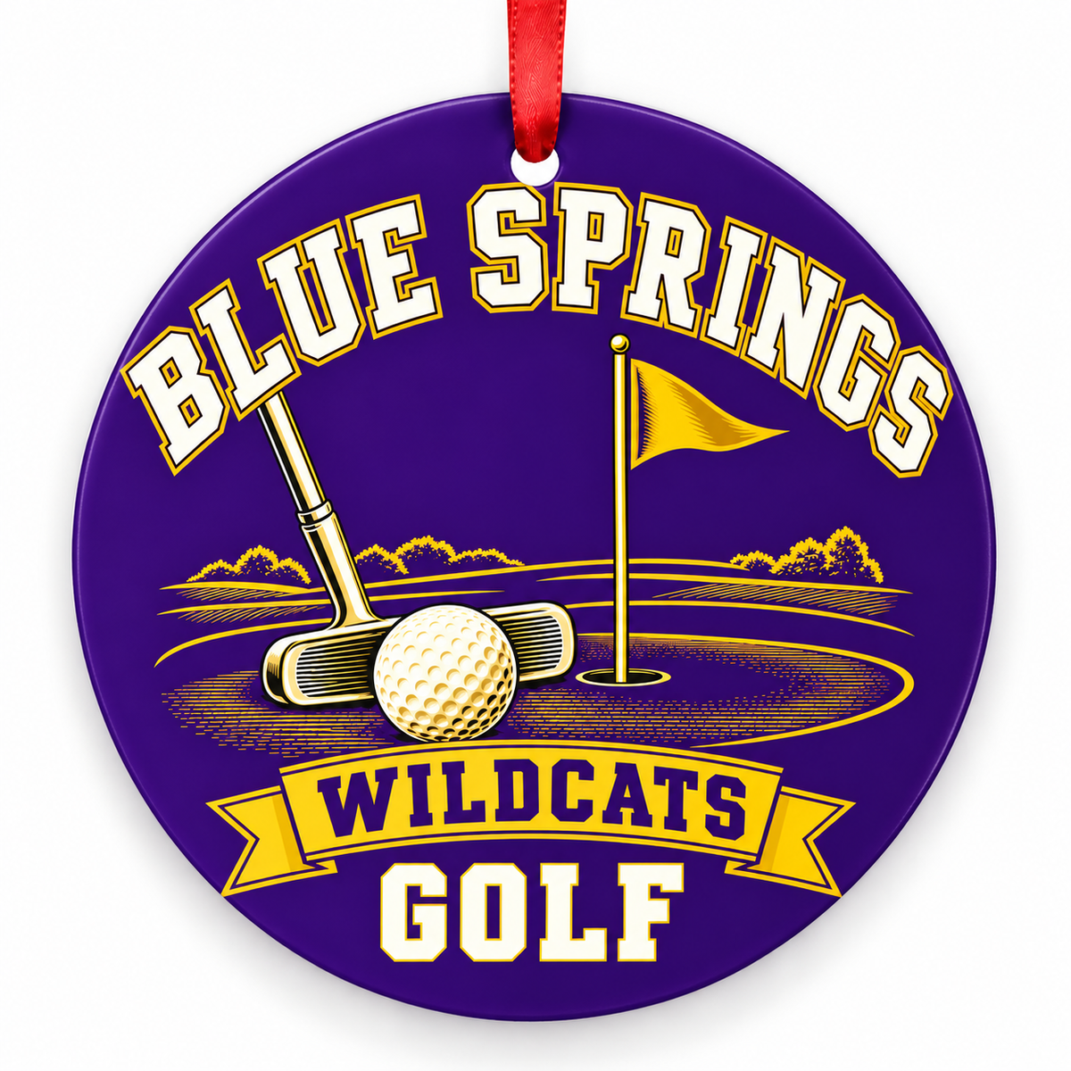 Blue Springs Wildcats golf Christmas ornament, Putting Green, purple and gold with red ribbon
