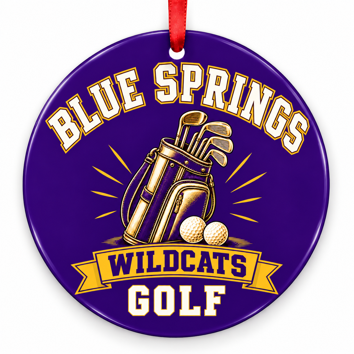 Blue Springs Wildcats golf Christmas ornament, Golf Bag, purple and gold with red ribbon