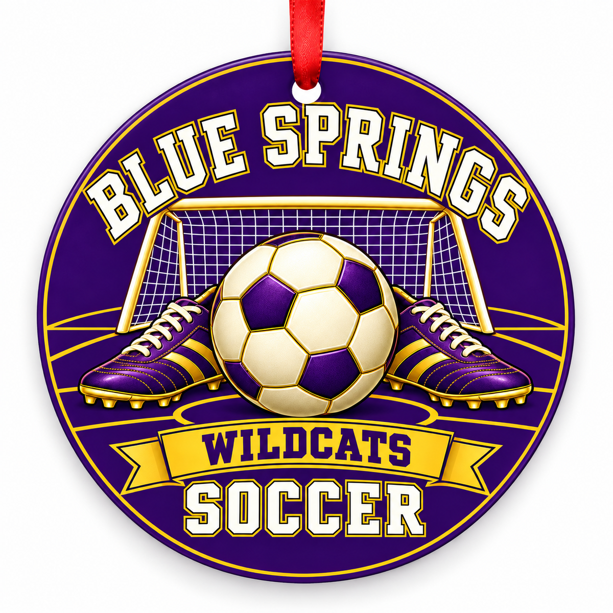 Blue Springs Wildcats soccer Christmas ornament, Design 1, purple and gold with red ribbon