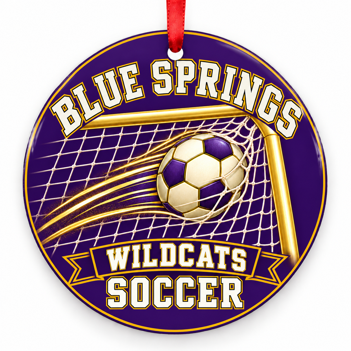 Blue Springs Wildcats soccer Christmas ornament, Design 2, purple and gold with red ribbon