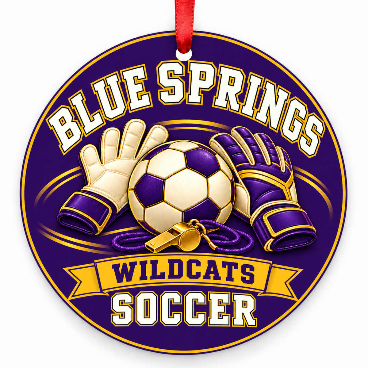 Blue Springs Wildcats soccer Christmas ornament, Design 3, purple and gold with red ribbon