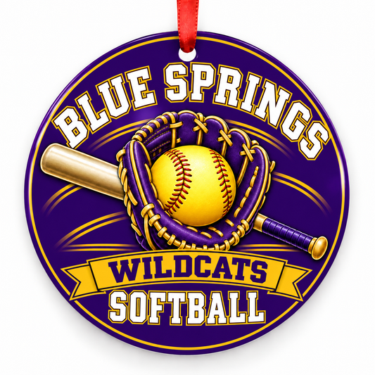 Blue Springs Wildcats softball Christmas ornament, Design 1, purple and gold with red ribbon
