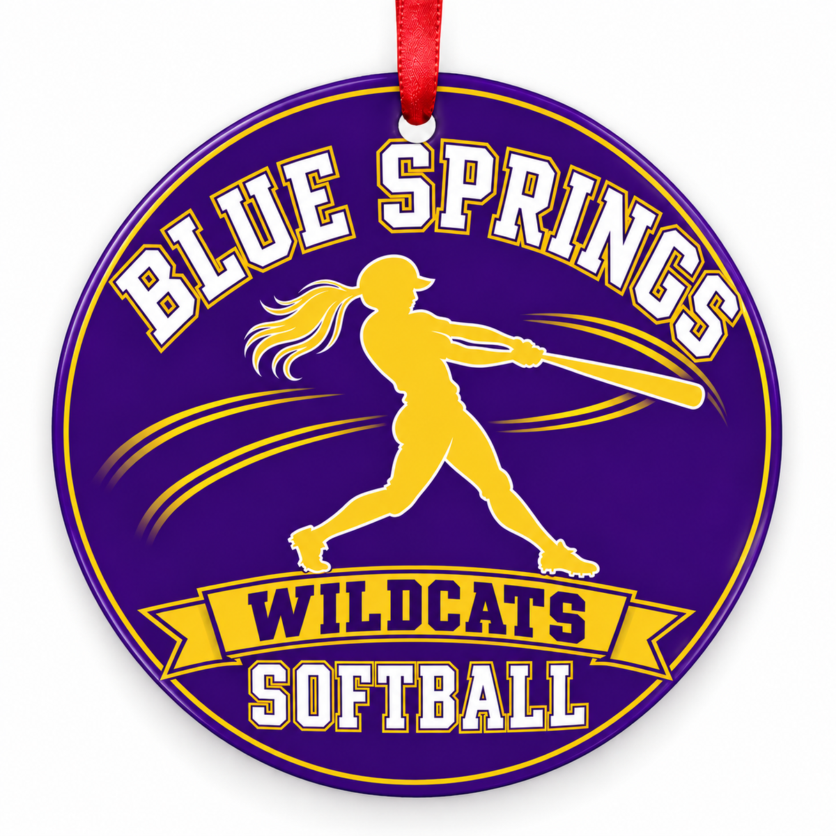 Blue Springs Wildcats softball Christmas ornament, Design 2, purple and gold with red ribbon