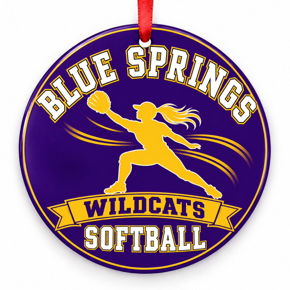 Blue Springs Wildcats softball Christmas ornament, Design 3, purple and gold with red ribbon