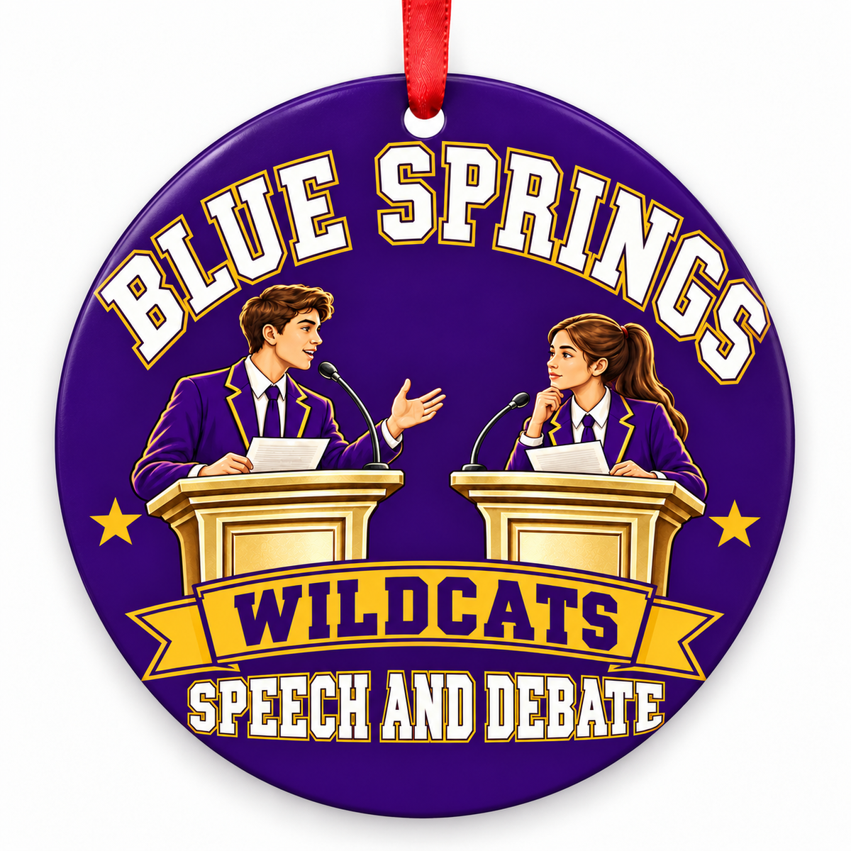 Blue Springs Wildcats speech and debate Christmas ornament, Debaters at Podiums, purple and gold with red ribbon