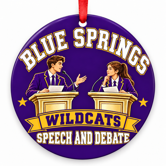 Blue Springs Wildcats speech and debate Christmas ornament, Debaters at Podiums, purple and gold with red ribbon