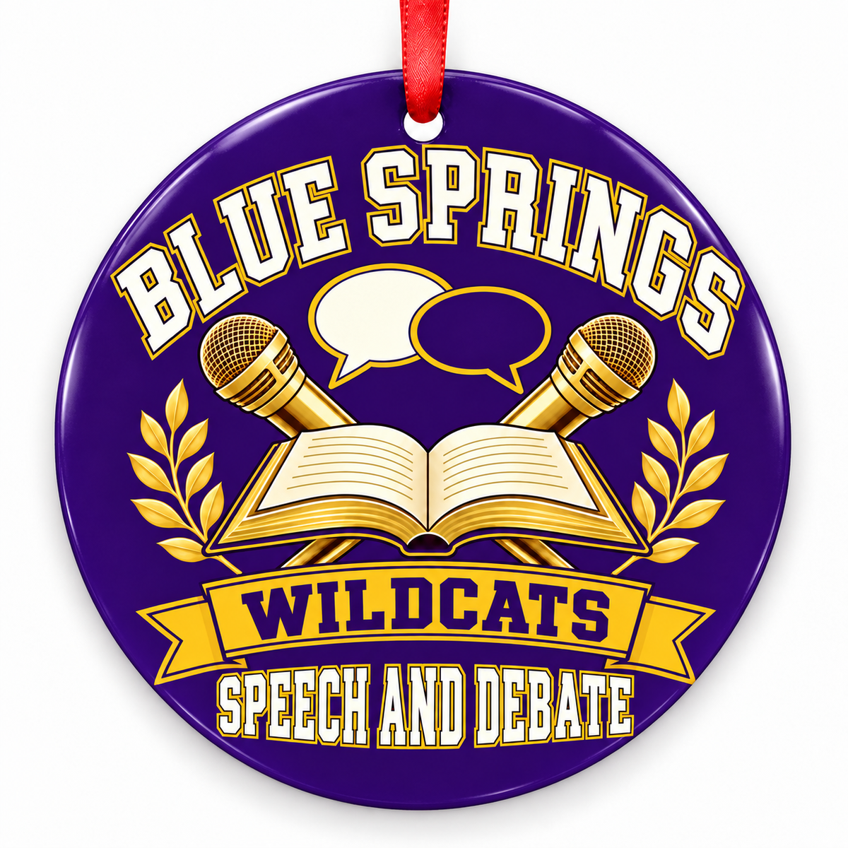 Blue Springs Wildcats speech and debate Christmas ornament, Microphones and Book, purple and gold with red ribbon